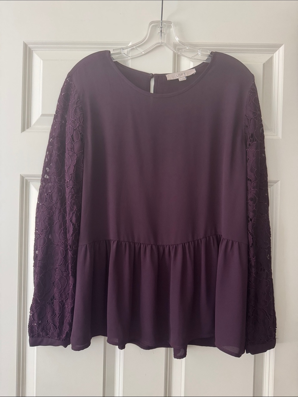 LOFT Women's Lace Sleeve Peplum Top in Deep Plum size M
